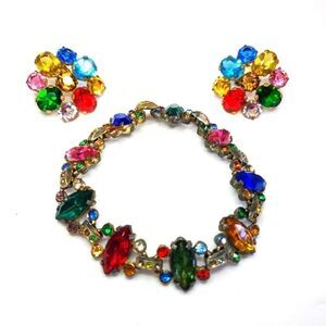 Vintage Jewel Tone Rhinestone Demi Parure Pot Metal Bracelet Screw Back Earrings